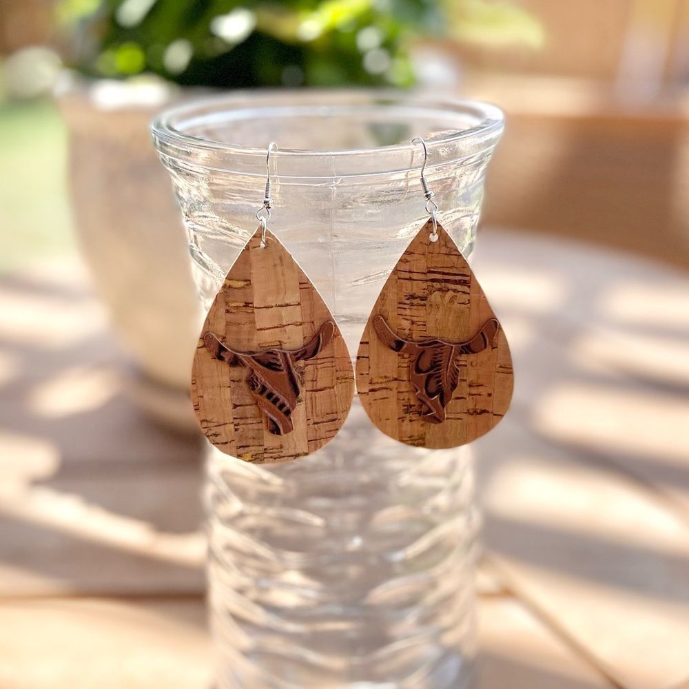 Leather Teardrop Eaarings with Steer Bull Head Silhouette
